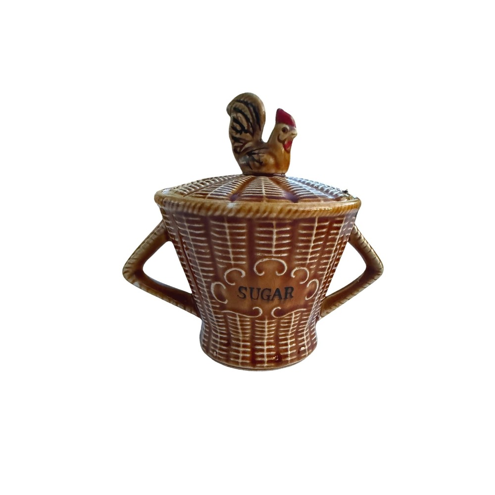 Vintage Rooster Basketweave Ceramic Coffee Pot Sugar Bowl & Jam Jar Set Brown - Picture 5 of 14